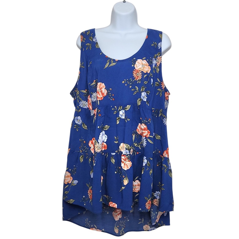 NWT Torrid Tunic 2X Blue Floral Babydoll Tiered Strappy Back Boho Summer